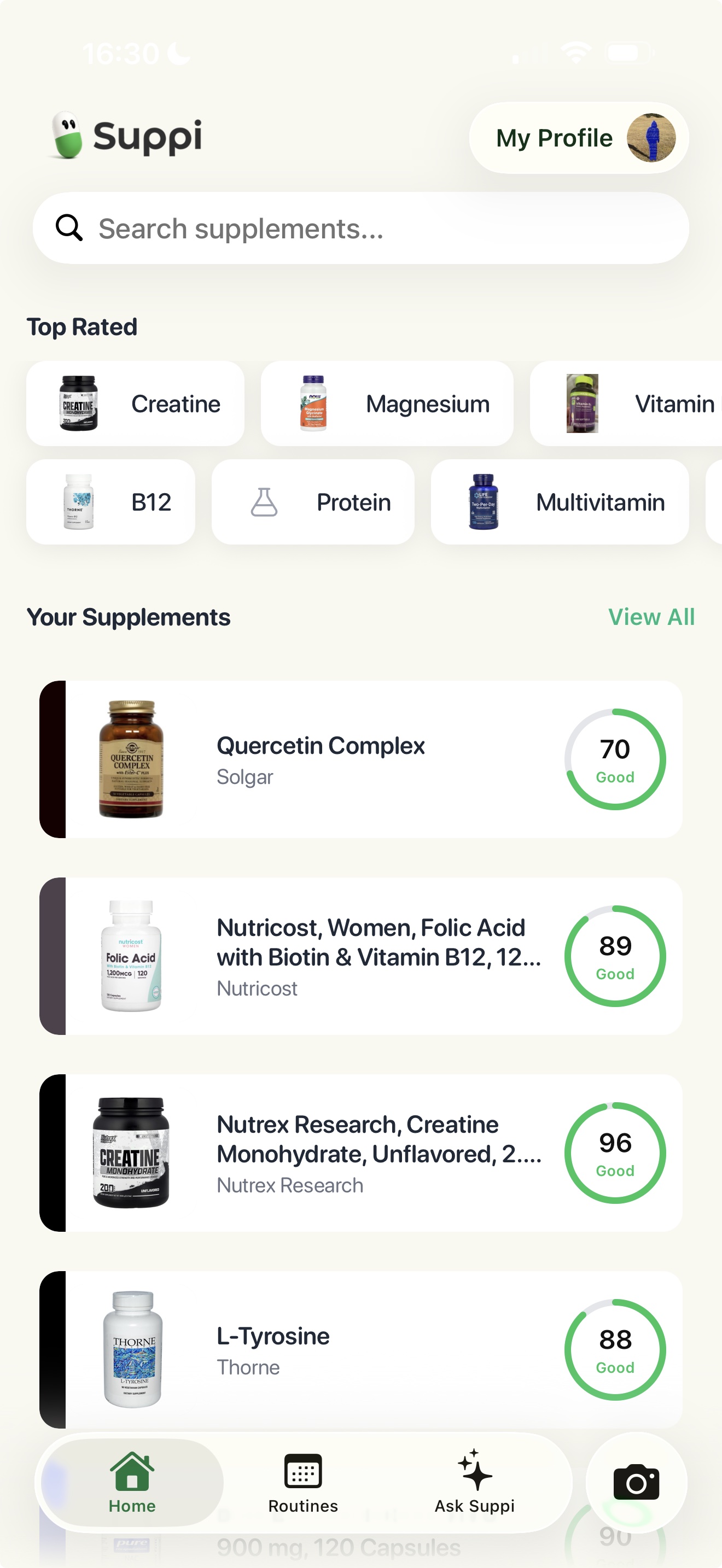 Suppi app home screen showing supplement safety scores, top rated categories, and personalized supplement tracking