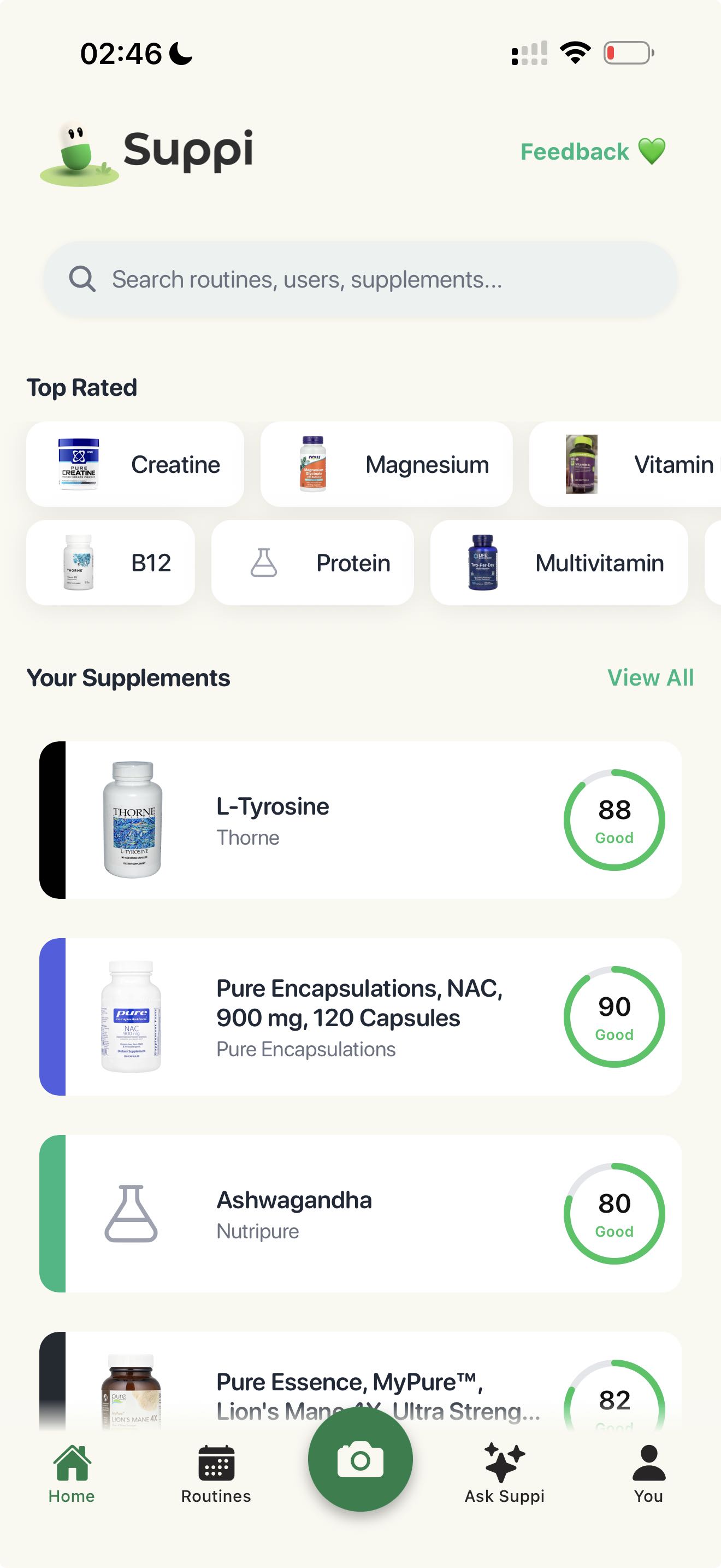 Suppi app home screen showing supplement safety scores, top rated categories, and personalized supplement tracking